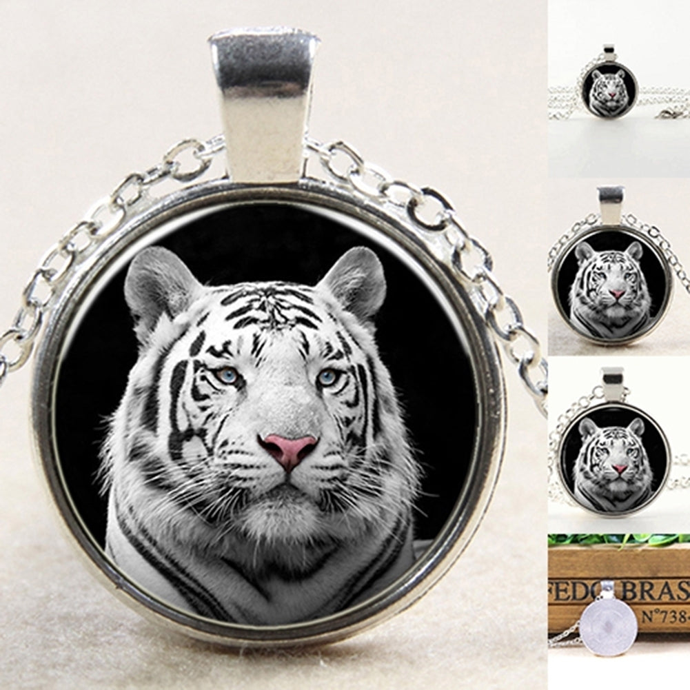 1Pc Womens White Tiger Cabochon Glass Pendant Necklace Long Coat Chain Jewelry Image 4