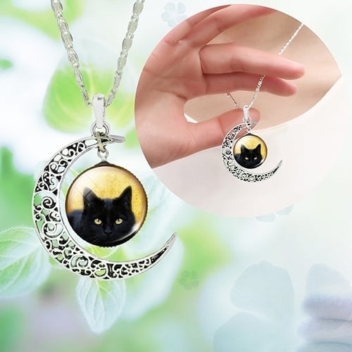 Womens Hollow Crescent Black Cat Glass Pendant Link Chain Necklace Jewelry Image 2