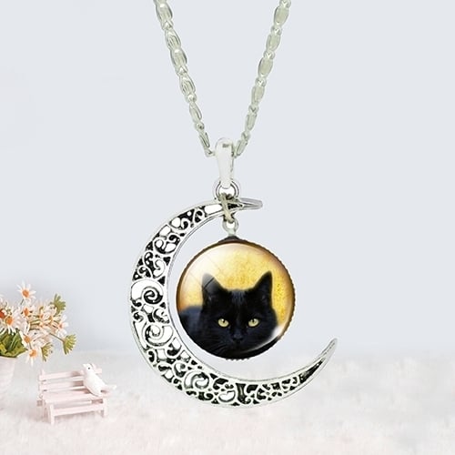 Womens Hollow Crescent Black Cat Glass Pendant Link Chain Necklace Jewelry Image 3