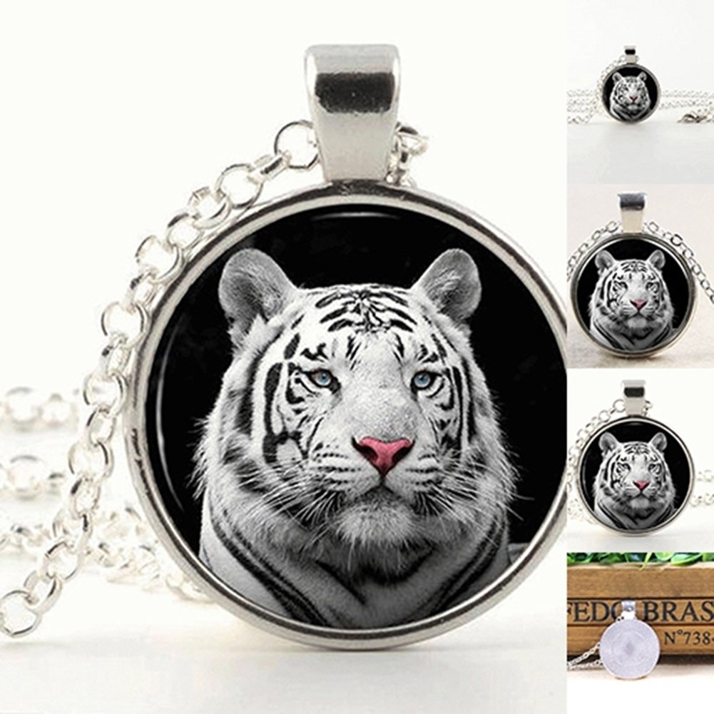 1Pc Womens White Tiger Cabochon Glass Pendant Necklace Long Coat Chain Jewelry Image 6