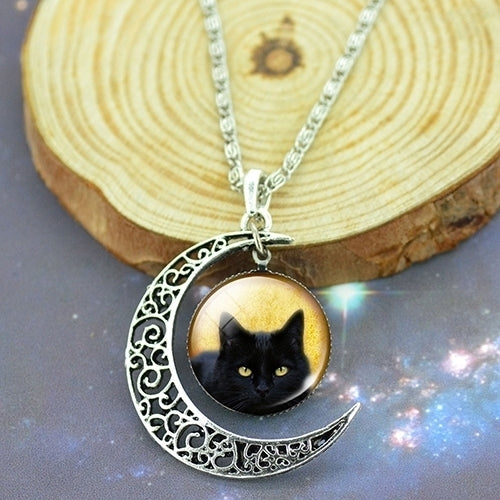 Womens Hollow Crescent Black Cat Glass Pendant Link Chain Necklace Jewelry Image 4