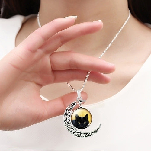 Womens Hollow Crescent Black Cat Glass Pendant Link Chain Necklace Jewelry Image 4