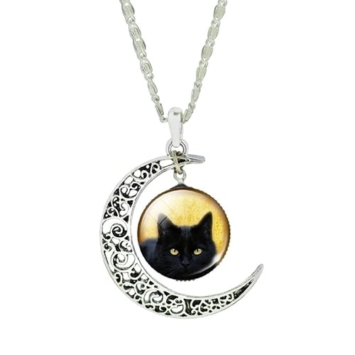 Womens Hollow Crescent Black Cat Glass Pendant Link Chain Necklace Jewelry Image 6