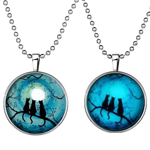 Retro Lady Three Cats Glow in The Dark Pendant Charm Necklace Steampunk Jewelry Image 1