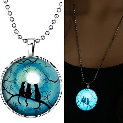 Retro Lady Three Cats Glow in The Dark Pendant Charm Necklace Steampunk Jewelry Image 3