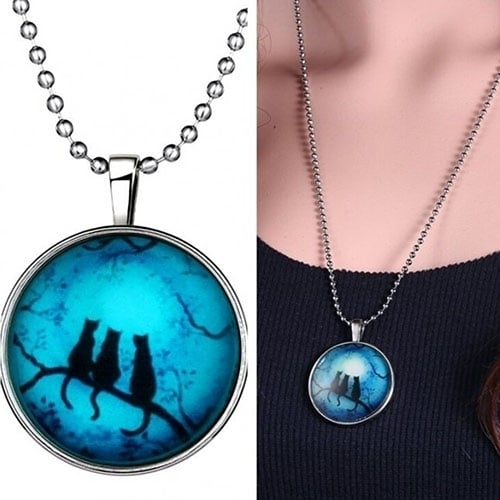 Retro Lady Three Cats Glow in The Dark Pendant Charm Necklace Steampunk Jewelry Image 4