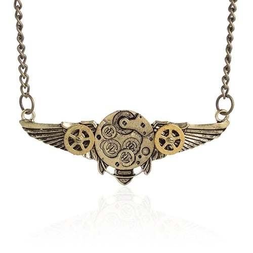 Steampunk Antique Angle Wings Gears Pendant Long Chain Statement Necklace Image 1