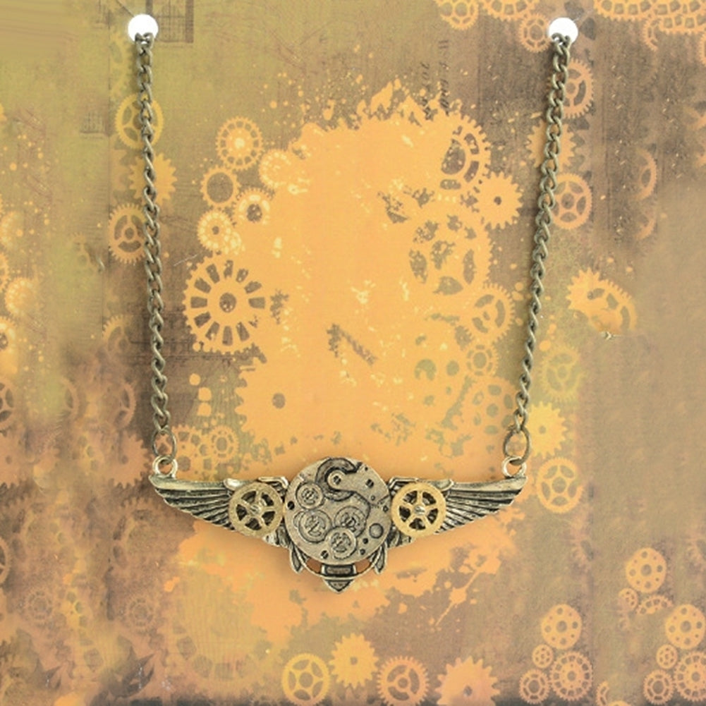 Steampunk Antique Angle Wings Gears Pendant Long Chain Statement Necklace Image 3