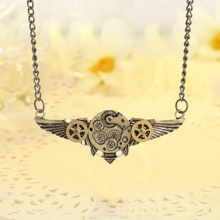 Steampunk Antique Angle Wings Gears Pendant Long Chain Statement Necklace Image 4