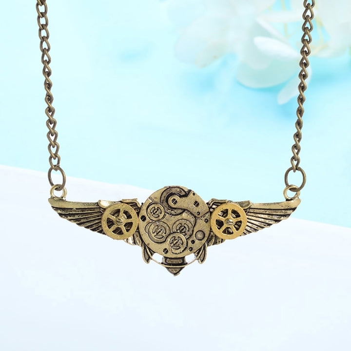 Steampunk Antique Angle Wings Gears Pendant Long Chain Statement Necklace Image 4