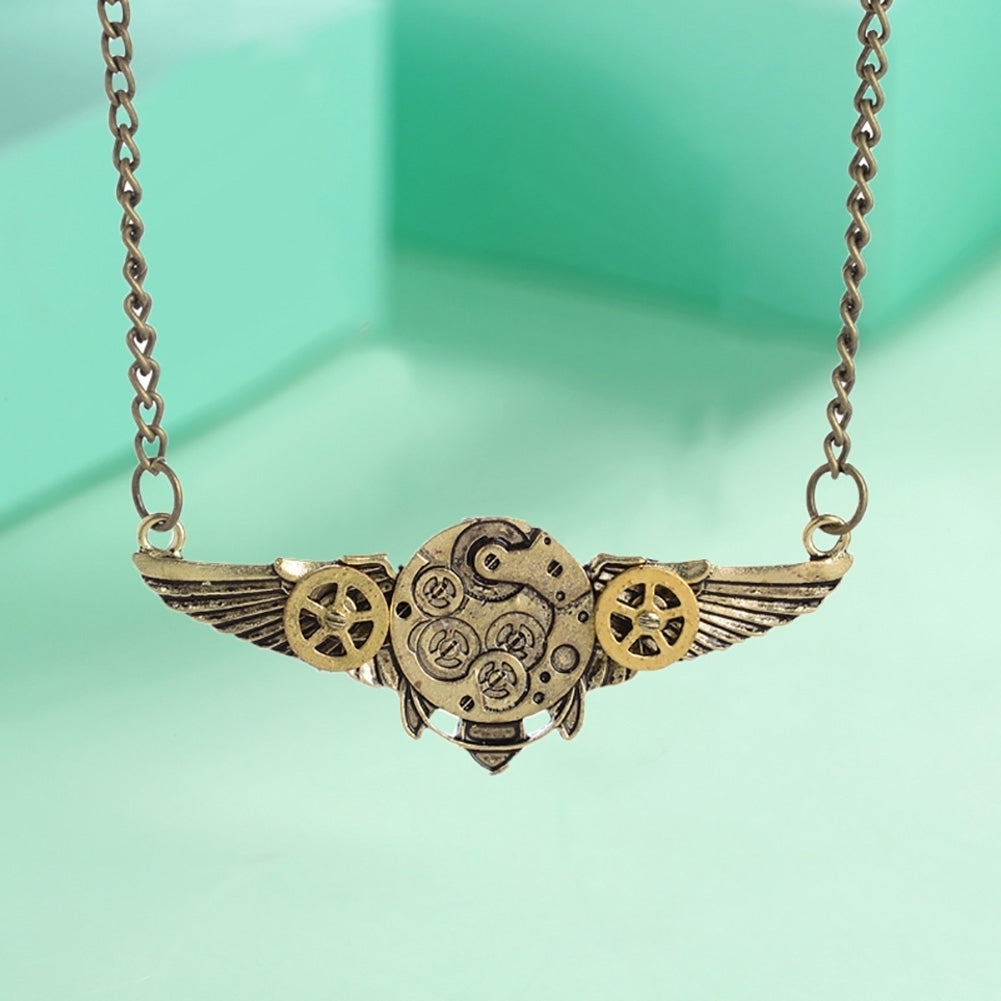 Steampunk Antique Angle Wings Gears Pendant Long Chain Statement Necklace Image 6