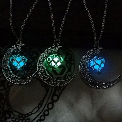 Moon Hollow Love Heart Glowing Turquoise Necklace Charm Jewelry Halloween Gifts Image 1