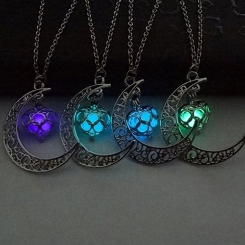 Moon Hollow Love Heart Glowing Turquoise Necklace Charm Jewelry Halloween Gifts Image 2