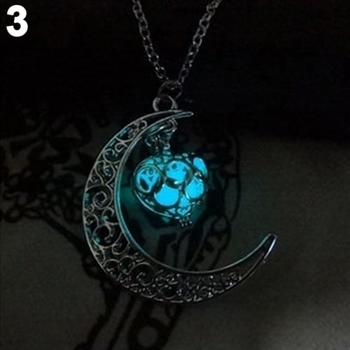 Moon Hollow Love Heart Glowing Turquoise Necklace Charm Jewelry Halloween Gifts Image 7