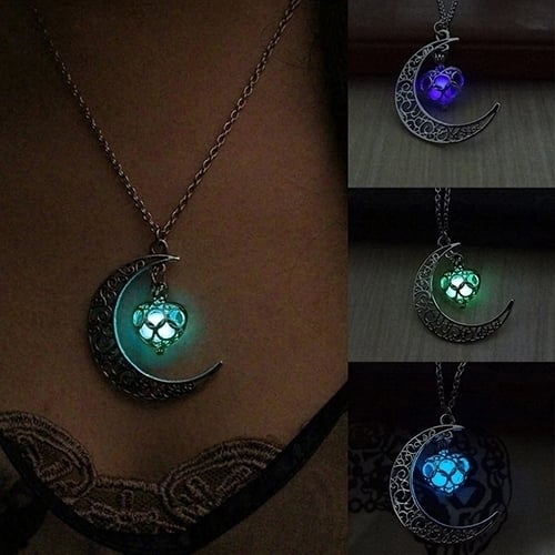 Women Fashion Hollow Moon Glowing Turquoise Chain Necklace Halloween Gifts Image 1