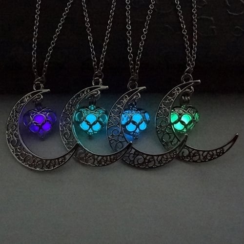 Women Fashion Hollow Moon Glowing Turquoise Chain Necklace Halloween Gifts Image 7