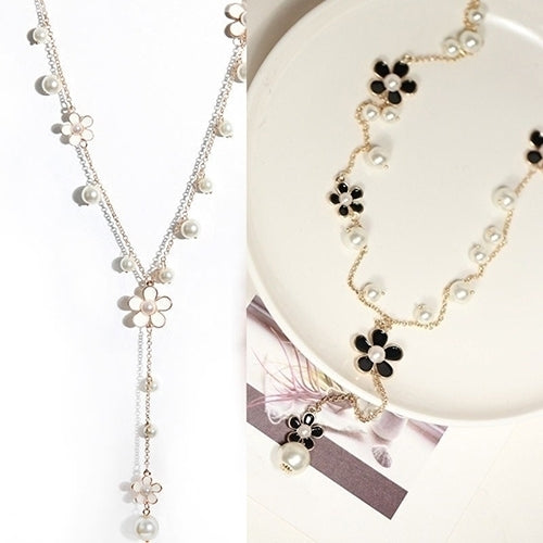 Womens Fashion Korean Style Faux Pearl Flowers Long Necklace Sweater Chain Image 1