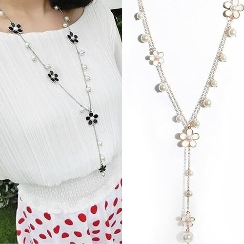 Womens Fashion Korean Style Faux Pearl Flowers Long Necklace Sweater Chain Image 2