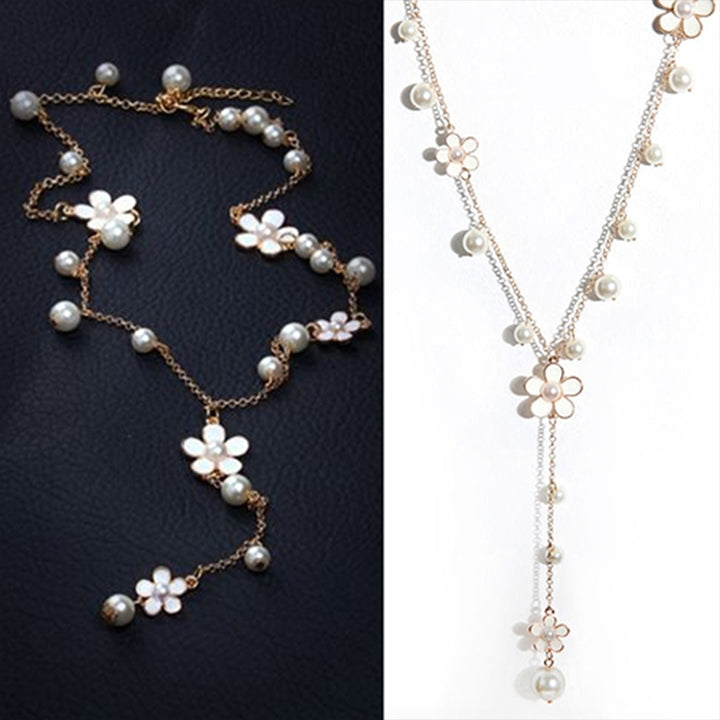 Womens Fashion Korean Style Faux Pearl Flowers Long Necklace Sweater Chain Image 3