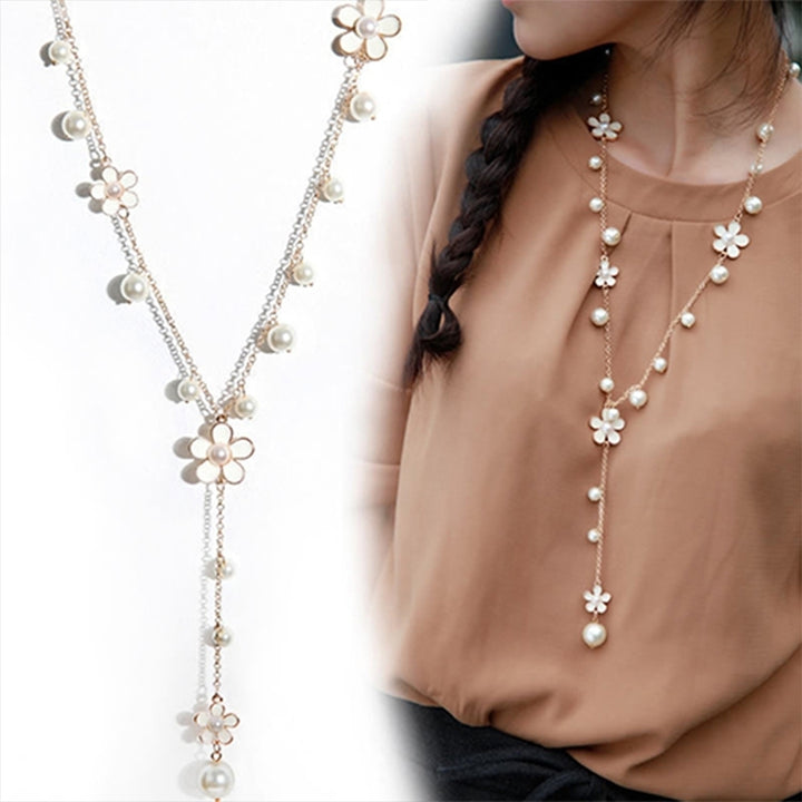 Womens Fashion Korean Style Faux Pearl Flowers Long Necklace Sweater Chain Image 4