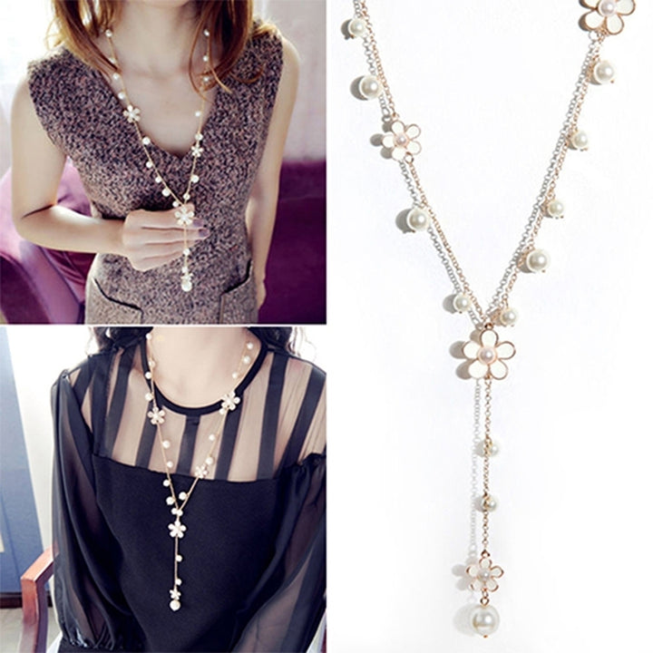 Womens Fashion Korean Style Faux Pearl Flowers Long Necklace Sweater Chain Image 4