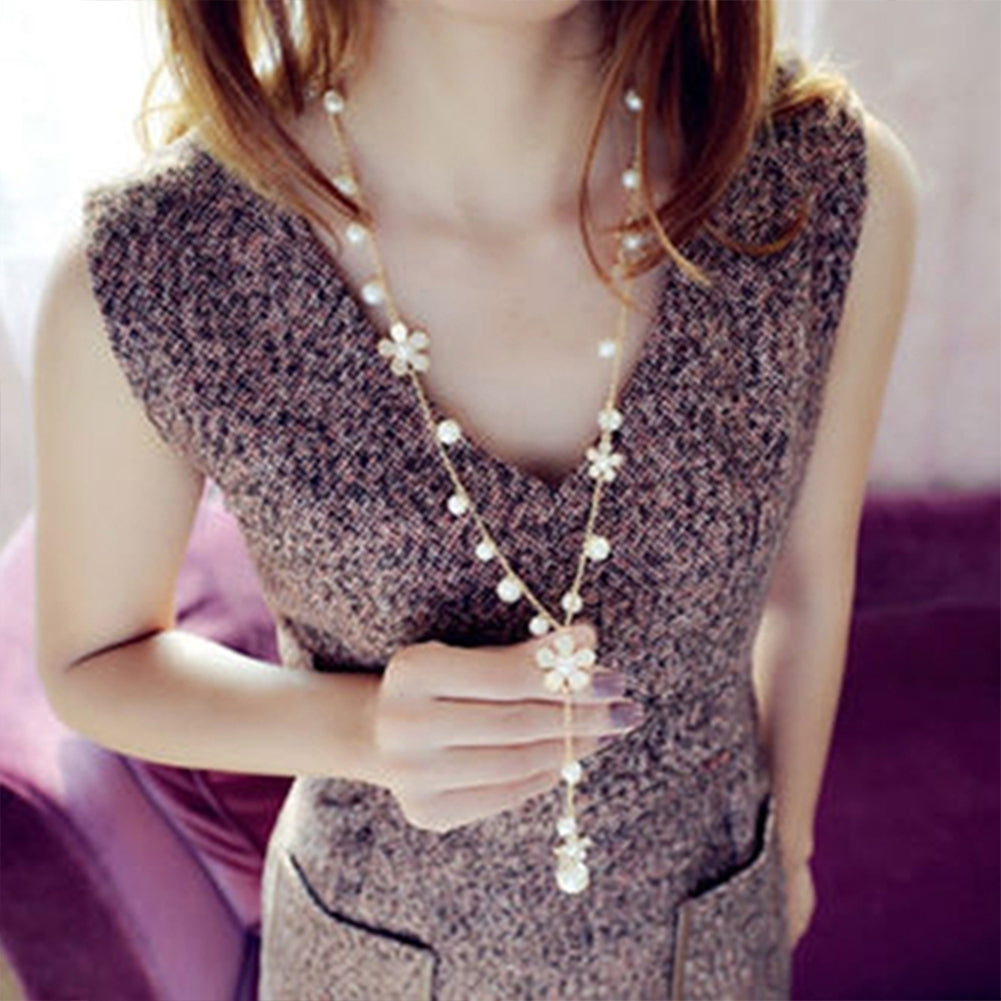 Womens Fashion Korean Style Faux Pearl Flowers Long Necklace Sweater Chain Image 6