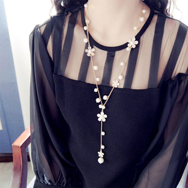 Womens Fashion Korean Style Faux Pearl Flowers Long Necklace Sweater Chain Image 11