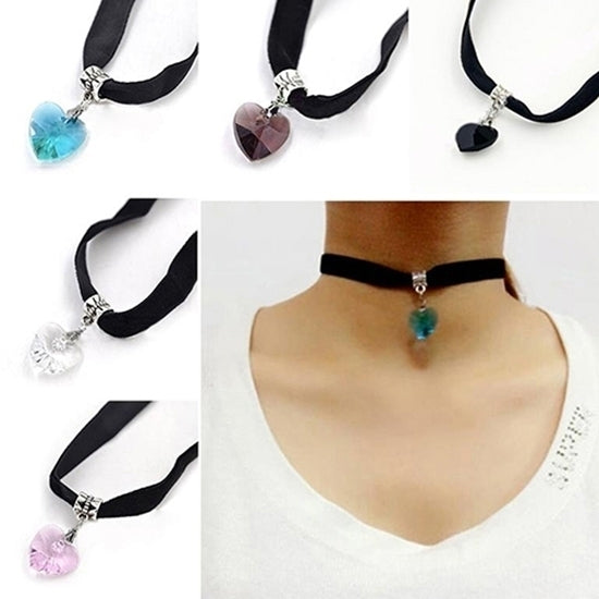 Womens Retro Gothic Velvet Rhinestone Heart Pendant Choker Collar Necklace Image 7