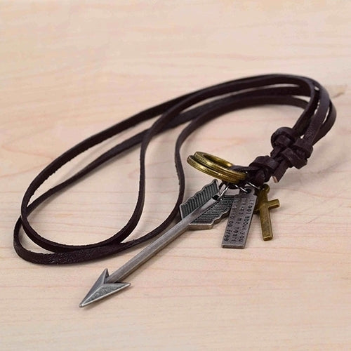 Mens Arrow Circles Crosses Pendants Faux Leather Cord Adjustable Chic Necklace Image 2