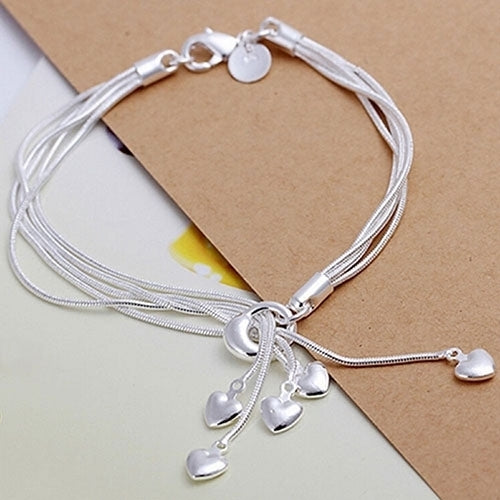 Women Fashion Multilayer Five Hearts Silver Plated Jewelry Hand Chain Bracelet Image 1