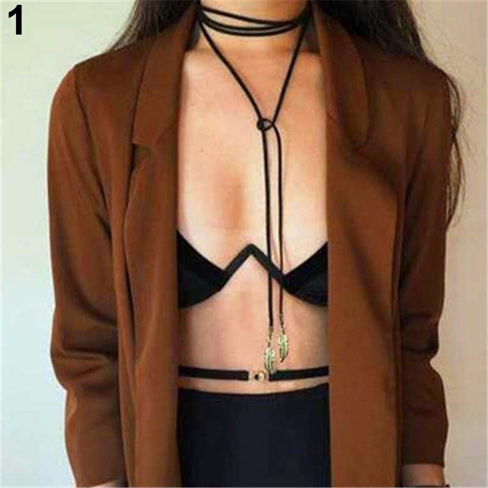 Lady Fashion Faux Velvet Rope Feather Pendant Choker Tattoo Long Necklace Image 2