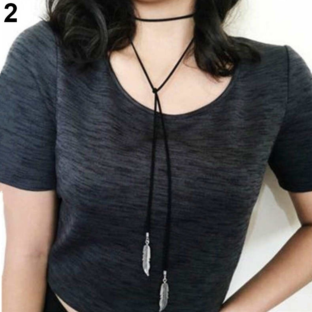 Lady Fashion Faux Velvet Rope Feather Pendant Choker Tattoo Long Necklace Image 3