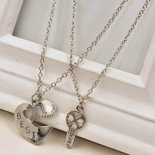 2Pcs Love Heart Key Pendant BFF Best Friend Letter Carved Necklace Gift Image 8