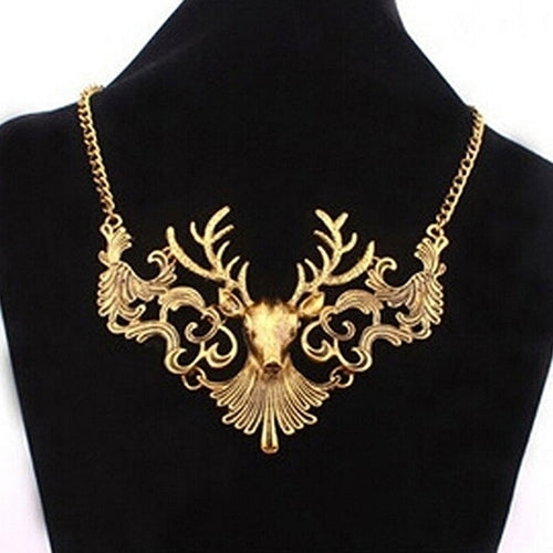 Retro European Antique Gold Color Deer Head Pendant Necklace Sweater Chain Image 1