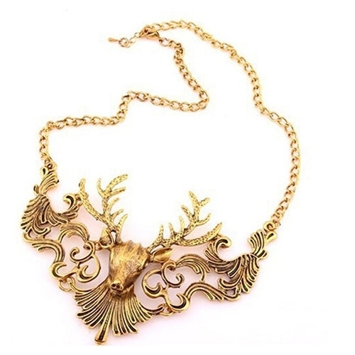 Retro European Antique Gold Color Deer Head Pendant Necklace Sweater Chain Image 2