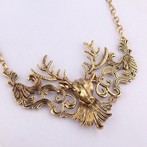 Retro European Antique Gold Color Deer Head Pendant Necklace Sweater Chain Image 3