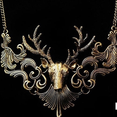 Retro European Antique Gold Color Deer Head Pendant Necklace Sweater Chain Image 4