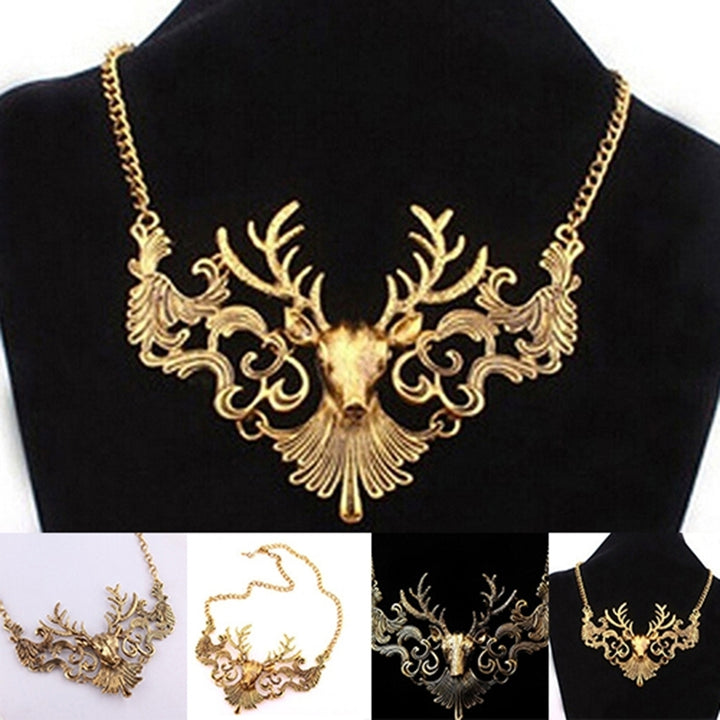 Retro European Antique Gold Color Deer Head Pendant Necklace Sweater Chain Image 4