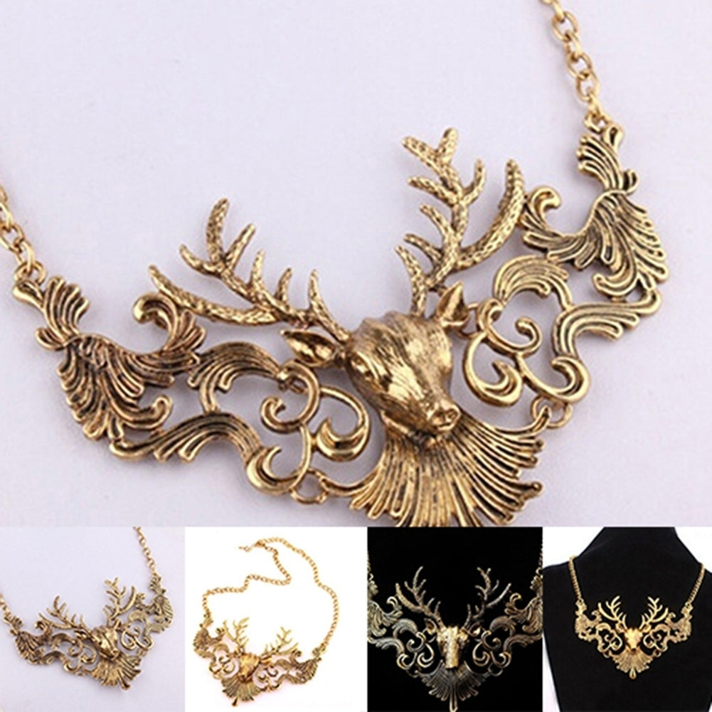 Retro European Antique Gold Color Deer Head Pendant Necklace Sweater Chain Image 6