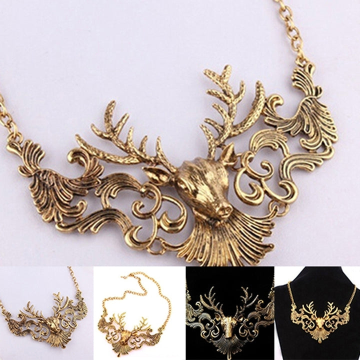 Retro European Antique Gold Color Deer Head Pendant Necklace Sweater Chain Image 6