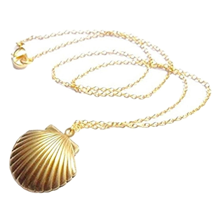 Women Fashion Golden Tone Alloy Seashell Locket Pendant Long Chain Necklace Image 1