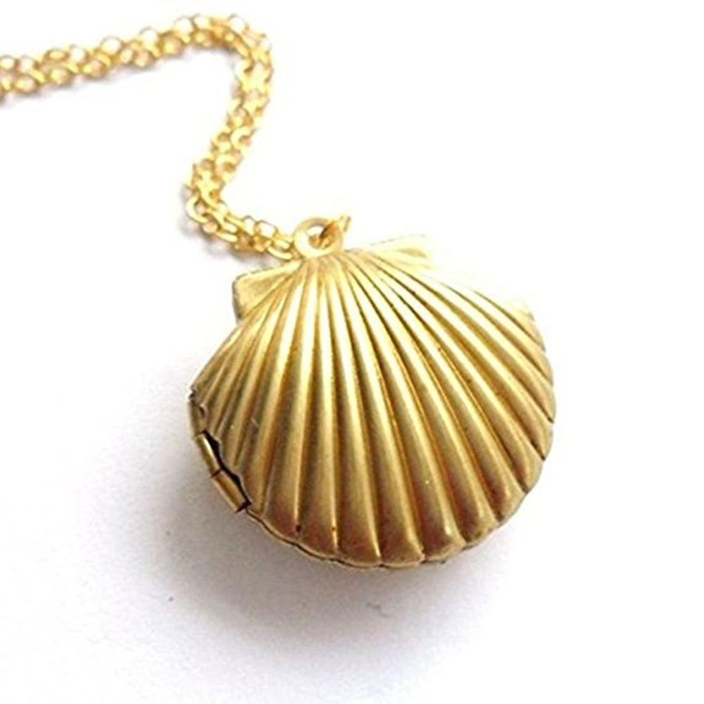 Women Fashion Golden Tone Alloy Seashell Locket Pendant Long Chain Necklace Image 2