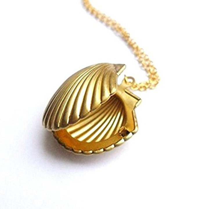 Women Fashion Golden Tone Alloy Seashell Locket Pendant Long Chain Necklace Image 3