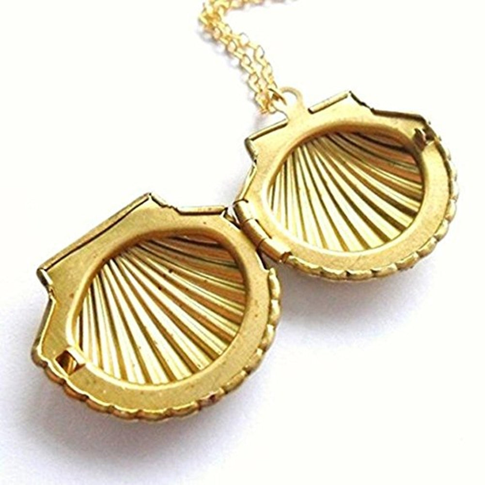 Women Fashion Golden Tone Alloy Seashell Locket Pendant Long Chain Necklace Image 4