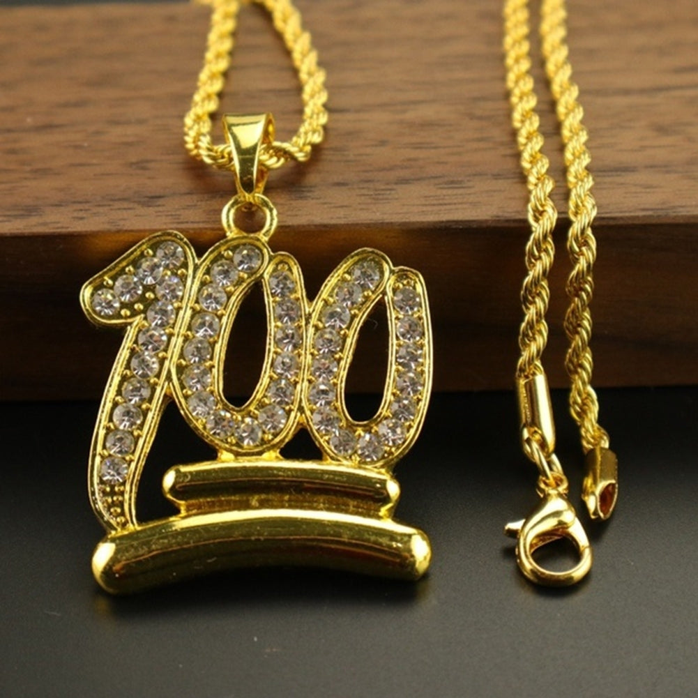 Fashion Men 100 Number Pendant Necklace Hip-hop Rhinestone Chain Jewelry Gift Image 3