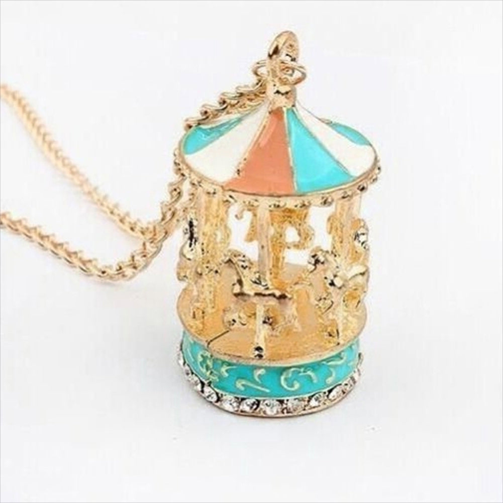 Women Enamel Carousel Merry-Go-Round Charm Pendant Sweater Necklace Chain Gift Image 4