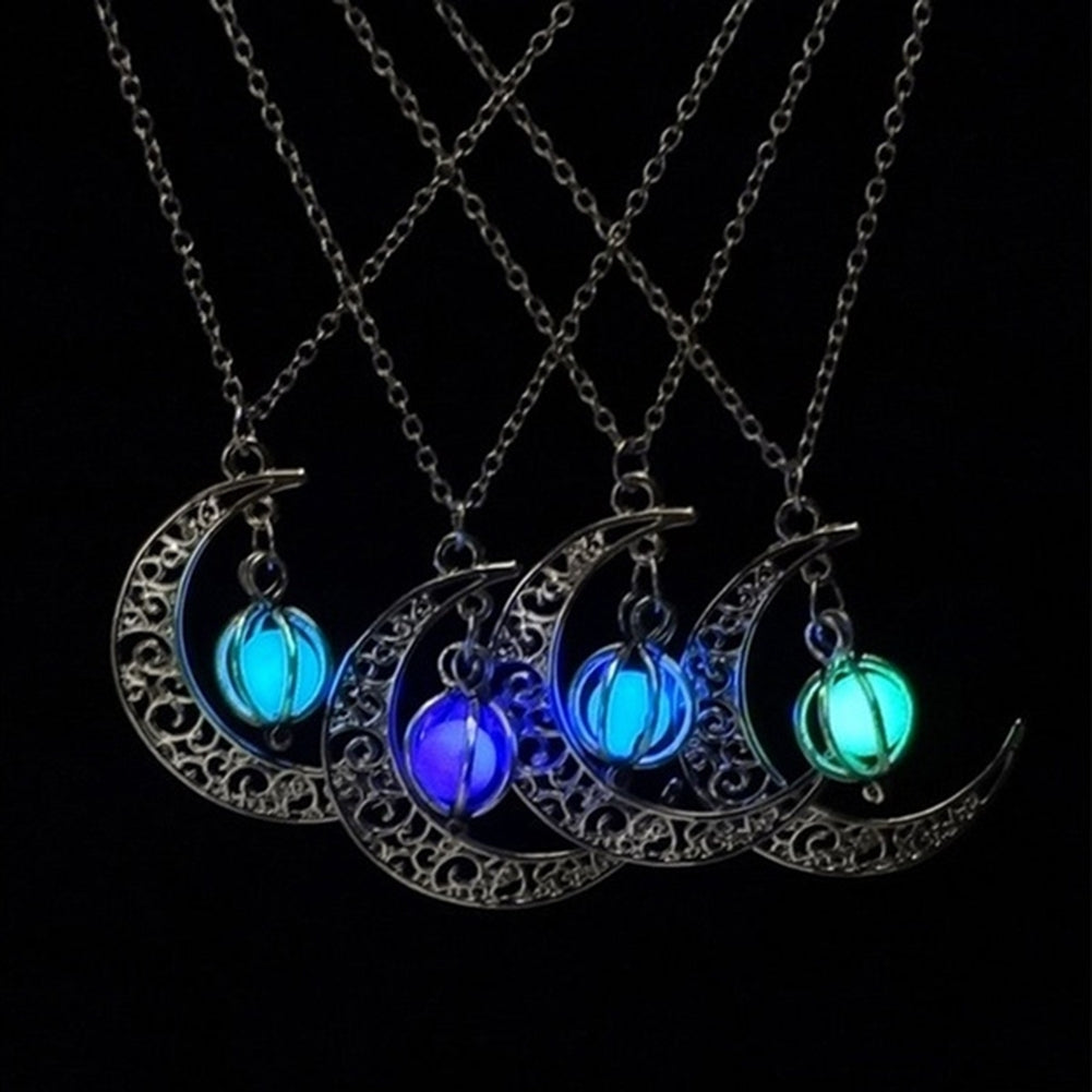 Woman Fashion Hollow Moon Birdcage Pendant Luminous Glow Chain Necklace Jewelry Image 1