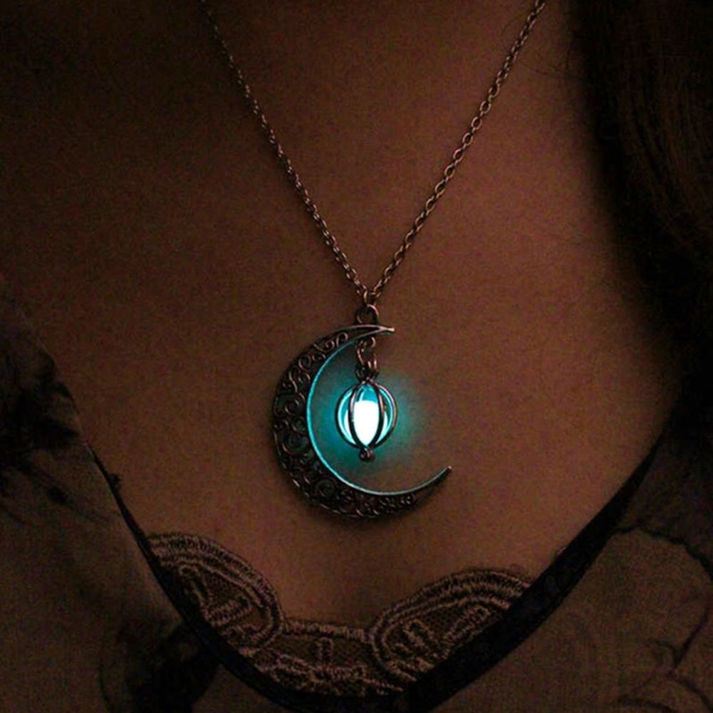 Woman Fashion Hollow Moon Birdcage Pendant Luminous Glow Chain Necklace Jewelry Image 4