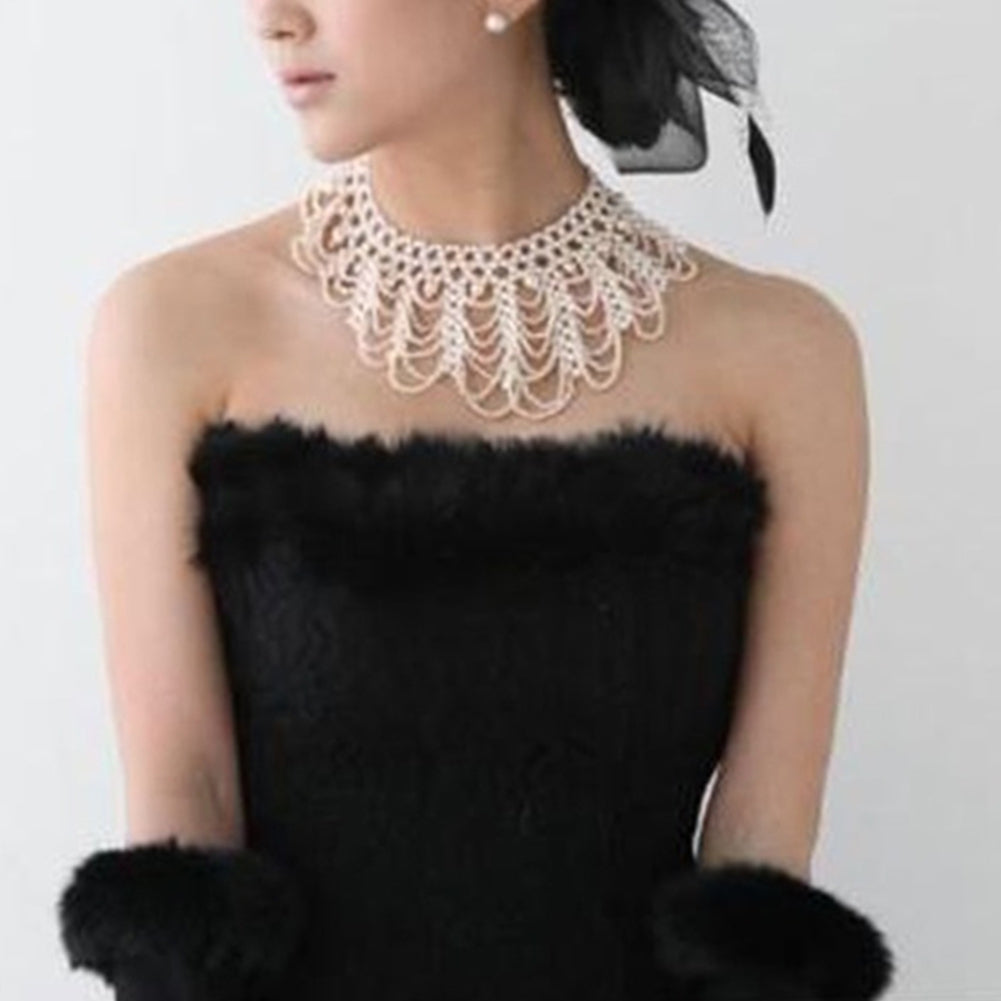 Elegant Women Hollowed Imitation Pearl Choker Bib Collar Statement Necklace Image 9