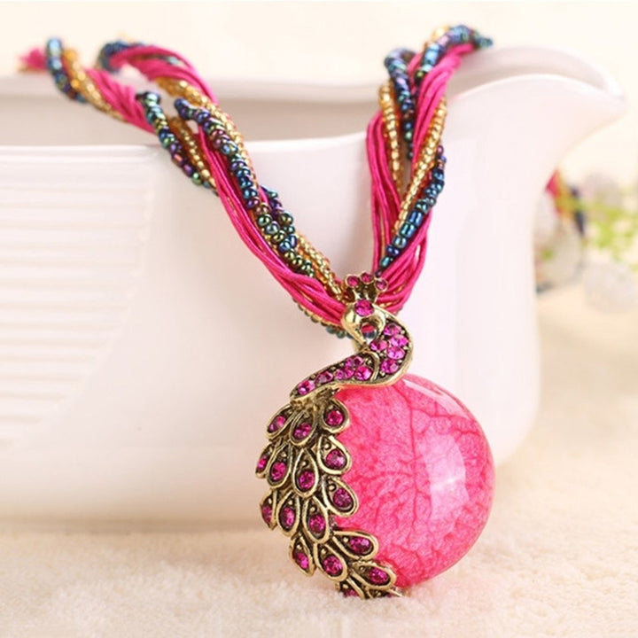 Bohemian Women Rhinestone Inlaid Peacock Round Faux Opal Pendant Necklace Gift Image 11